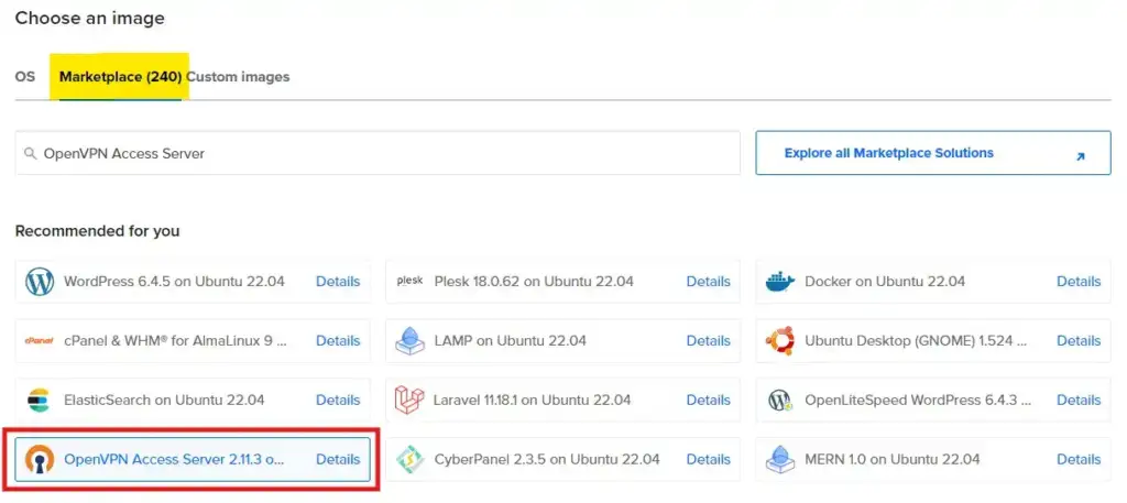 OpenVPN imajını seçmek için yönerge